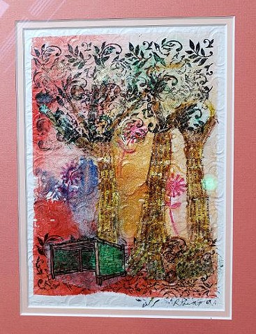 Collage in peach and fall colors of a hut in a forest, Jewish holiday of Sukkot.