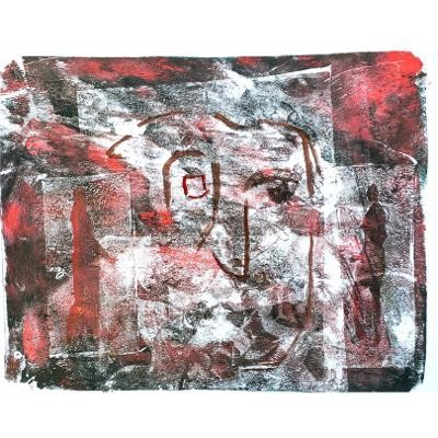 This is an acrylic monoprint with a stencil of a face and figures in black, white and red.