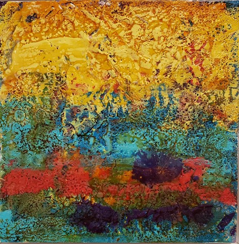 Abstract landscape in yellow, aqua and red with surface texture from shellac burn by Ruth Golmant.