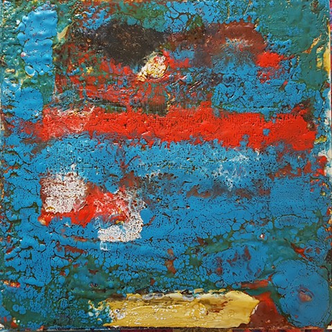 Abstract interior in blues, red, black and gold by Ruth Golmant.