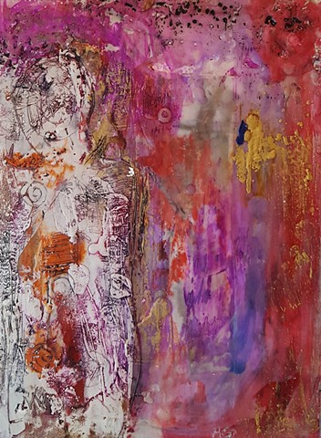 Figurative abstract in purple, pinks and gold. Surface texture from incisions in wax. By Ruth Golmant.