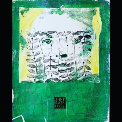 Acrylic monoprint with magazine transfer of female face and stamp of vines in green and black.