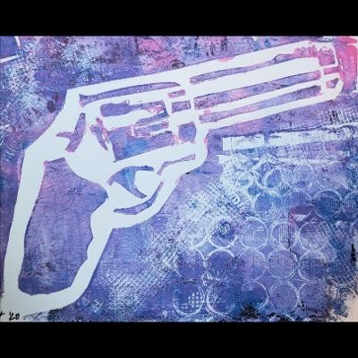 Acrylic monoprint in pink and purple with stencil of gun.