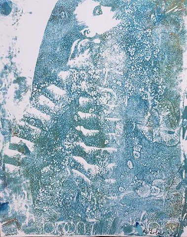 Acrylic monoprint with magazine transfer of figure in turquoise blue.