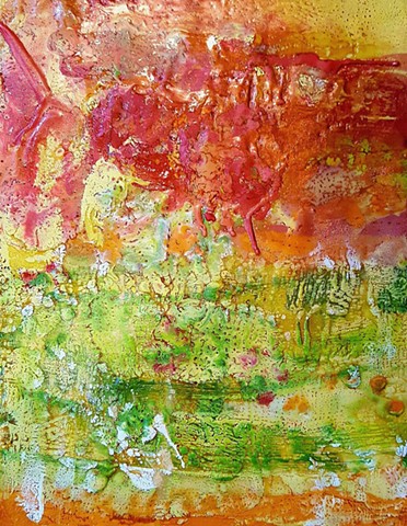 Green, orange and red encaustic with copper mica powder gives a sense of richness and abundance.By Ruth Golmant.