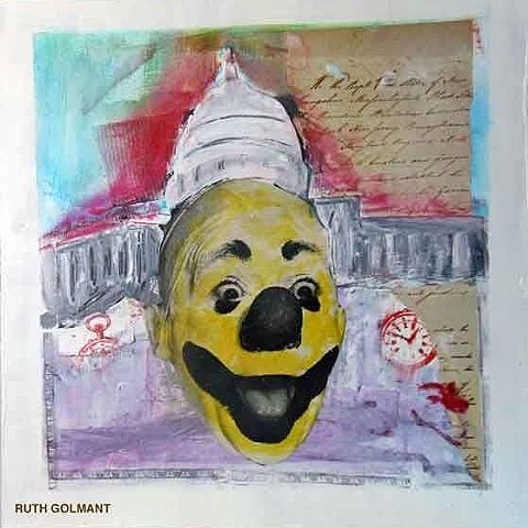 Collage of clown imposed on the Capital Building by Ruth Golmant