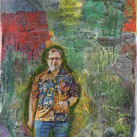 Manipulated photo of man outdoors in garden.