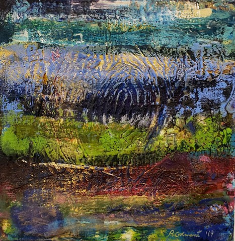 Blue, green and purple abstract encaustic painting with accrued wax surface.