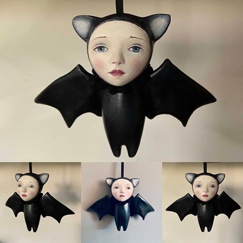 Handmade Bat, Art doll/Halloween ornament made by Zoe Thomas of Curious Boudoir Dolls.