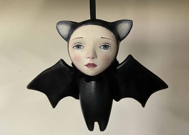 Handmade Bat, Art doll/Halloween ornament made by Zoe Thomas of Curious Boudoir Dolls.  