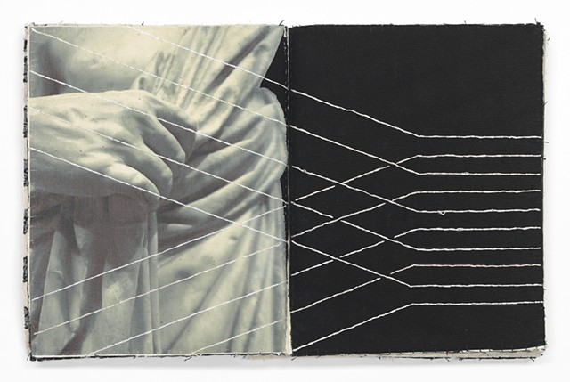 A one of a kind artist's book by Dianna Frid, made with cloth, photographic transfers, and thread. The book focuses on the cloth and hairstyles carved in Greco-Roman Sculpture