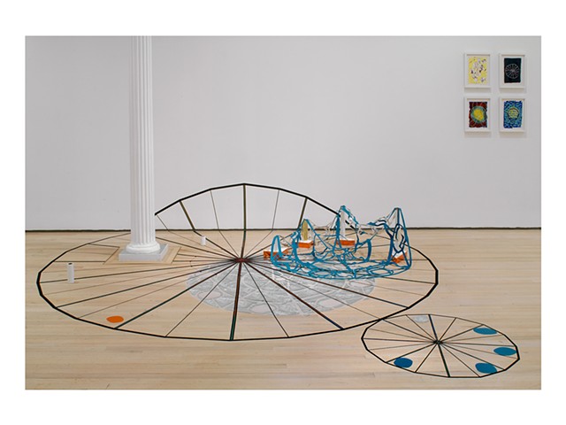 RELATED WORKS ON PAPER FOR STARWHEEL LAUNCHPAD. Starwheel Launchpad is a Site Specific Installation by Dianna Frid  Variable dimensions Large circle measures 144 inches in diameter  Tape, cloth, plastic, foil, adhesives, thread, ink, cardboard, metal and 