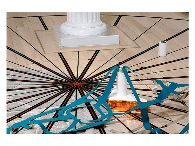 Starwheel Launchpad is a Site Specific Installation by Dianna Frid  Variable dimensions Large circle measures 144 inches in diameter  Tape, cloth, plastic, foil, adhesives, thread, ink, cardboard, metal and plaster  Installed at the Drawing Center, New Y