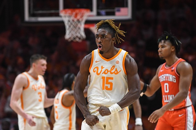 Tennessee guard Jahmai Mashack (15) cheers after making a basket during an NCAA college basketball game between Tennessee and Illinois at Thompson-Boling Arena at Food City Center, Saturday, Dec. 9, 2023.