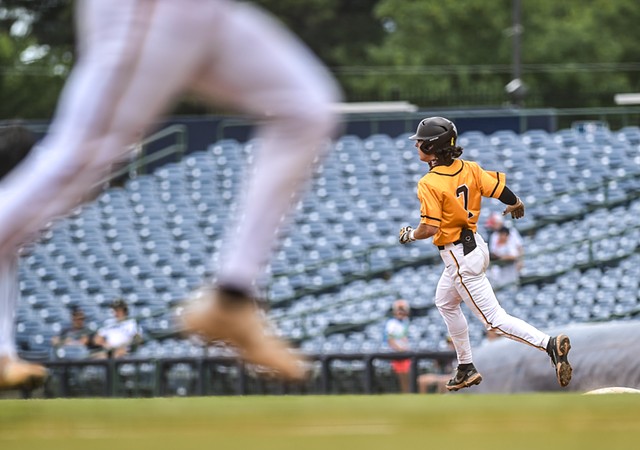 East Union Urchins’ shortstop Everett Johnson (7) runs to second base during the MHSAA class 2 baseball championships at Trustmark Park in Pearl, Miss., Wednesday, May 31, 2023. East Union beat Pisgah 14-0.