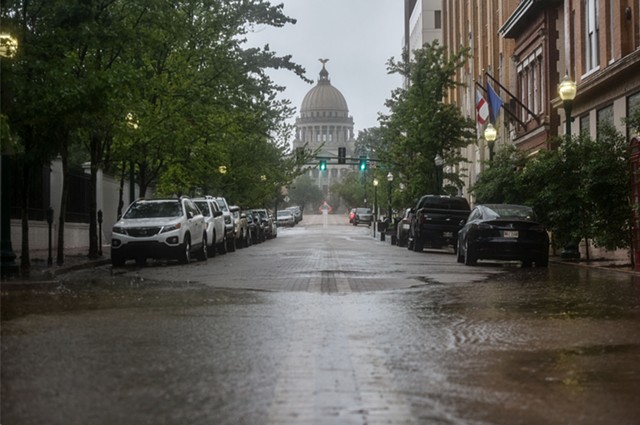 Flooding from heavy rains that have plagued the region in recent days is seen near the capitol in downtown Jackson, Miss., Wednesday, August 24, 2022.