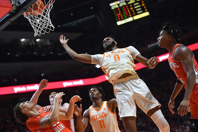 Tennessee forward Jonas Aidoo (0) makes a basket during an NCAA college basketball game between Tennessee and Illinois at Thompson-Boling Arena at Food City Center, Saturday, Dec. 9, 2023.
