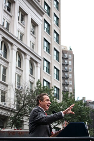 Governor Andrew Cuomo speaks to protestors at a rally in support of the victims of the Orlando nightclub shootings at The Stonewall Inn in New York on June 12, 2016.