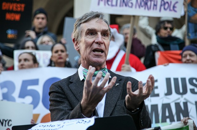 Bill Nye speaks at a press conference at Manhattan's City Hall in support of NYC's participation of the Global Climate March on November 29, 2015.