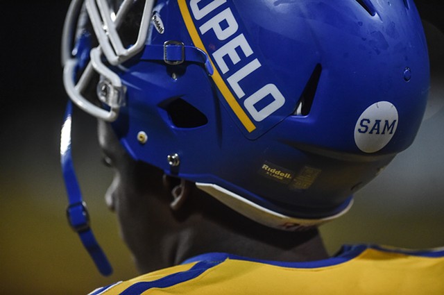 Tupelo football wears a "Sam" sticker on their helmets in honor of fallen alum and teammate, Sam Westmoreland, at their game agaist Murrah in Jackson, Miss., Friday, October 21, 2022.