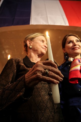 Congresswoman Carolyn Maloney and philanthropist Jean Shafiroff speak out in support of those injured and killed in the Paris terrorist attacks at Vin Sur Vingt, a French restaurant in Manhattan's NoMad neighborhood, on November 13, 2015.