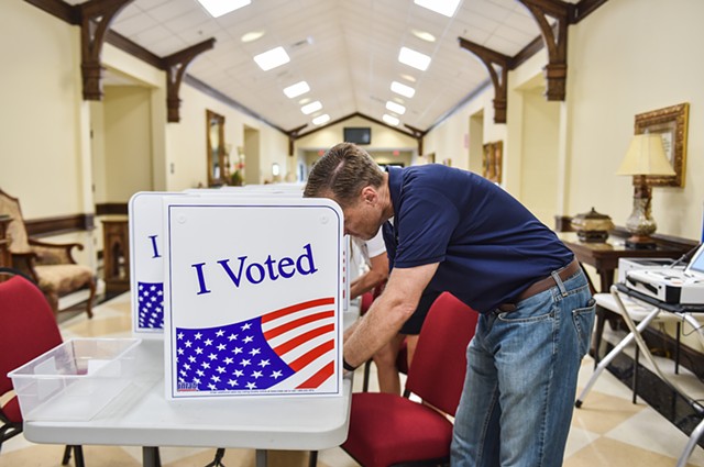 Rep. Michael Guest (R-Miss.) votes at Brandon Baptist Church in the Mississippi Congressional primary in Brandon, Miss., Tuesday, June 7, 2022.