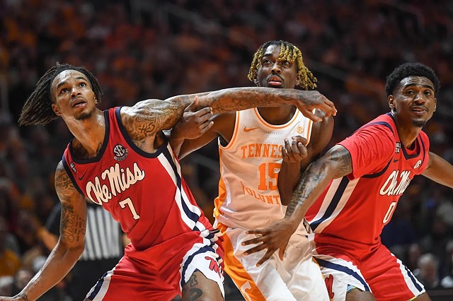 Ole Miss guard Allen Flanigan (7) and guard Brandon Murray (0) block Tennessee guard Jahmai Mashack (15) during an NCAA basketball game at Thompson-Boling Arena at Food City Center, Saturday, Jan. 6, 2024.