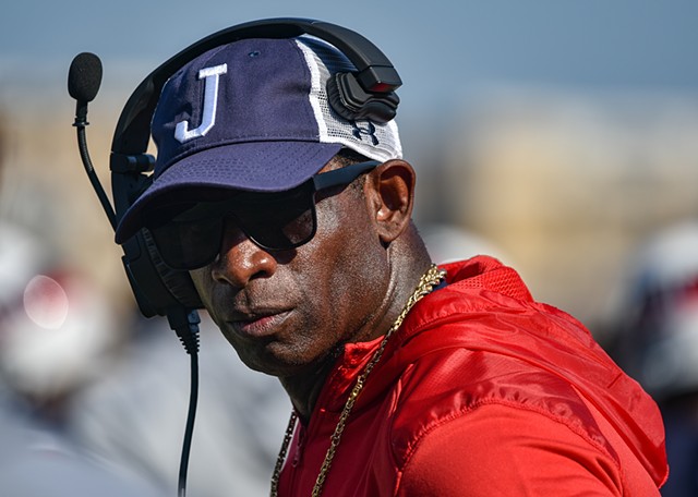 Jackson State head coach Deion Sanders cheers his players on during an NCAA college football game against Mississippi Valley State in Jackson, Miss., Saturday, Sept. 24, 2022.