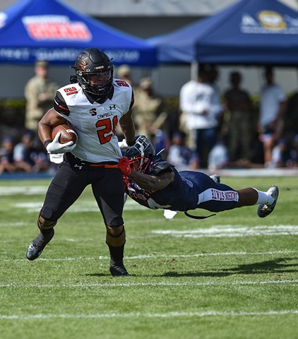 Campbell RB NaQuari Rogers (21) runs the ball during Jackson State’s homecoming NCAA college football game against Campbell in Jackson, Miss., Saturday, October 22, 2022.