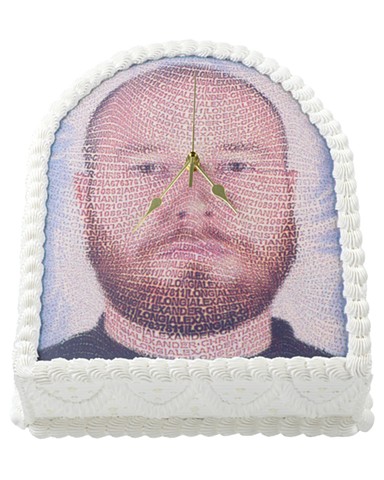 A structural, wall-mounted artwork crafted to resemble a multi-textured, cake. Elaborate piped acrylic frosting patterns create a frame around smooth, glossy resin panels embedded with a potrait made with an inkjet decal. The color palette accentuates the shadows and intricate textures of the sculptural cake design.