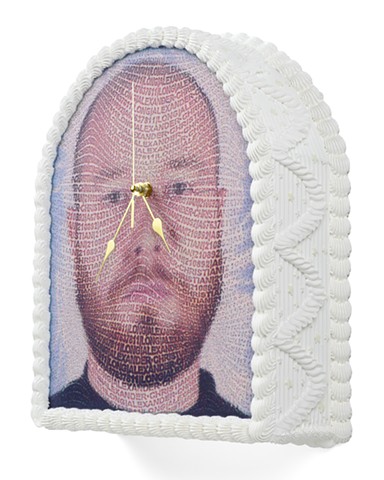 A structural, wall-mounted artwork crafted to resemble a multi-textured, cake. Elaborate piped acrylic frosting patterns create a frame around smooth, glossy resin panels embedded with a potrait made with an inkjet decal. The color palette accentuates the shadows and intricate textures of the sculptural cake design.