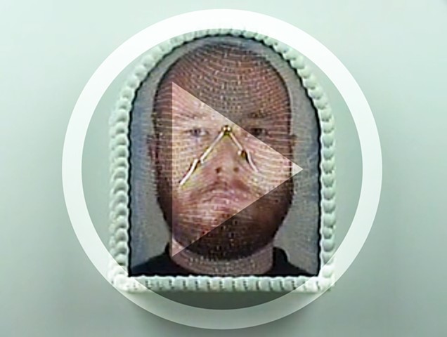 A structural, wall-mounted artwork crafted to resemble a multi-textured, cake. Elaborate piped acrylic frosting patterns create a frame around smooth, glossy resin panels embedded with a potrait made with an inkjet decal. The color palette accentuates the shadows and intricate textures of the sculptural cake design.