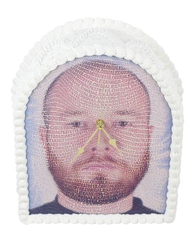A structural, wall-mounted artwork crafted to resemble a multi-textured, cake. Elaborate piped acrylic frosting patterns create a frame around smooth, glossy resin panels embedded with a potrait made with an inkjet decal. The color palette accentuates the shadows and intricate textures of the sculptural cake design.