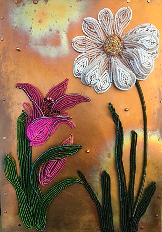 beaded flower lily and daisy on copper 