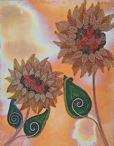 beaded flower sunflower on copper 