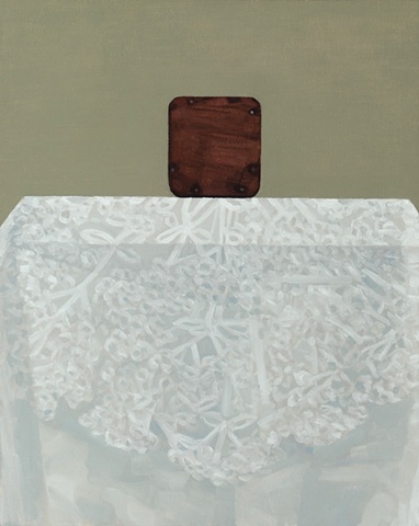 A still life painting of a wooden box on a table with white table cloth