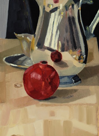 A still life painting of a pomegranate on a table with metal pitcher