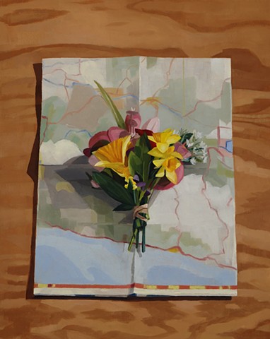 A painting of a bouquet of flowers on a map or Oregon