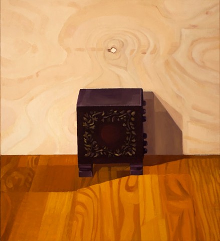 A still life painting of a wooden jewelry box viewed from the side on a wood table with plywood background