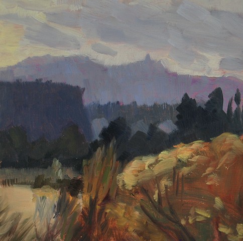 A painting of easter oregon desert cliffs at sunrise with purples and yellows