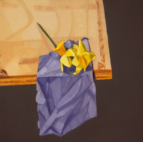 a still life painting of daffodils on a purple cloth on wood table