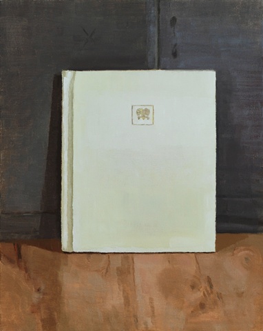 A still life painting of a book on a wood table 