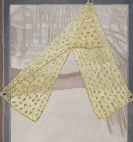 A still life painting of a window with a snowy landscape and lace scarf