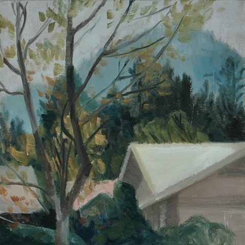 a plein air painting of trees, rooftops, fall leaves, pine trees and blue mountain with a cloudy sky