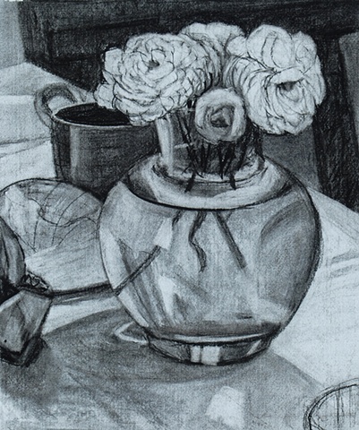 White Roses in Round Vase