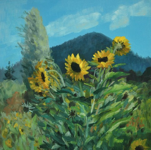 a painting of sunflowers in a garden with wooded hills in the background