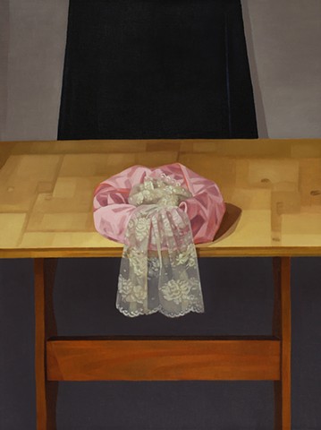 A still life painting of a length of pink satin and lace arranged in a circle on a wooden table