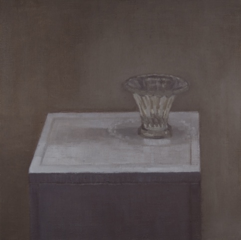 still life painting of a glass on a table in muted colors