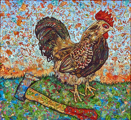 Elaine Fleck original artwork fabric oil Rooster
