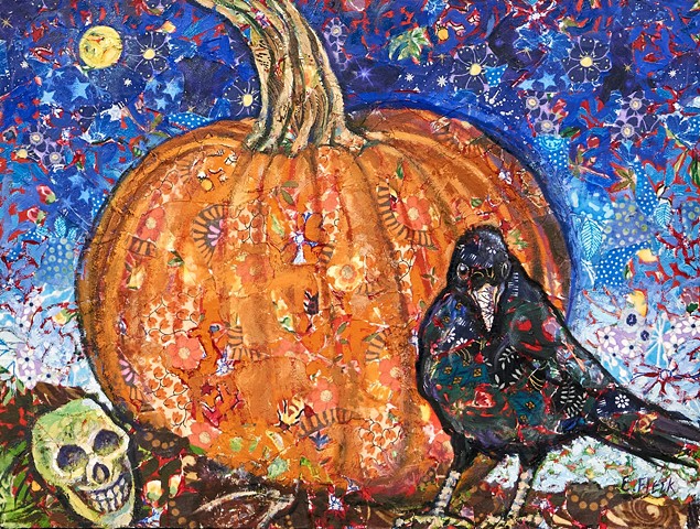 Elaine Fleck original artwork oil crows pumpkin skull full moon Market Gallery Roanoke Virginia